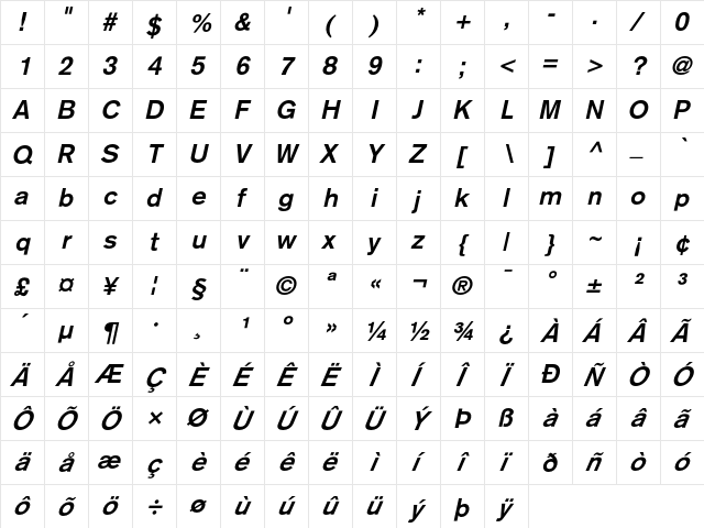 AkzidenzGrotesk BoldItalic  glyph index