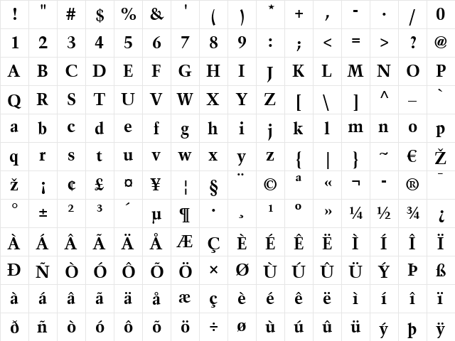 TrumpMediaeval LT Bold  glyph index