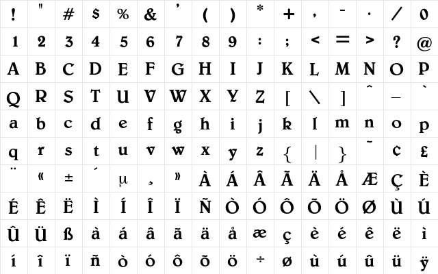 Bienvenue Regular  glyph index