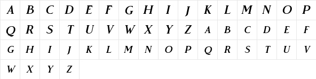 Vendeur Free Italic  glyph index