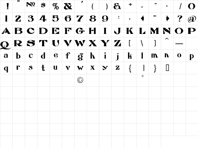 LHFEccentricFrench Regular  glyph index