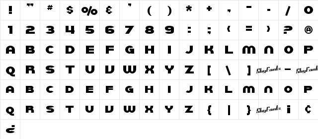 SF Juggernaut Regular  glyph index