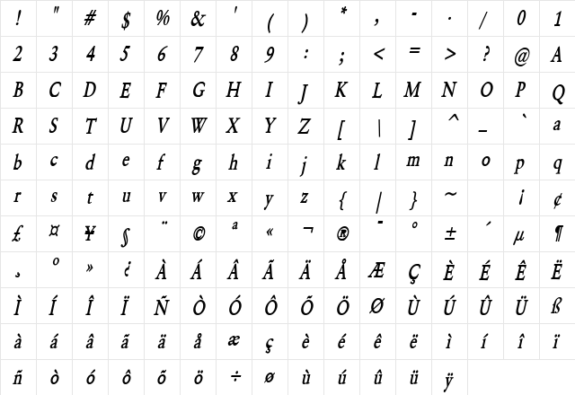 Garrick Thin Bold Italic  glyph index