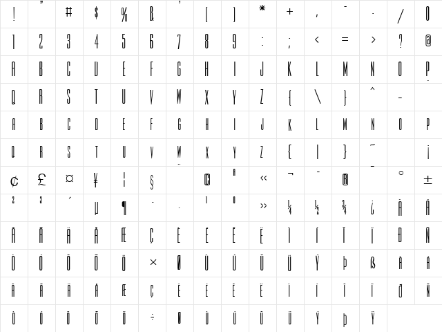 Slim-Jim Bold  glyph index