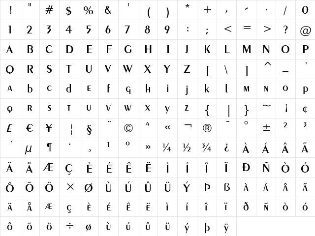 Exotic 350 Demi-Bold  glyph index