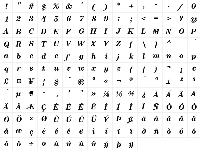 Hercules Text Bold Italic  glyph index