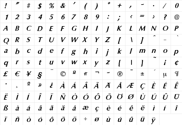 EricBecker Bold Italic  glyph index