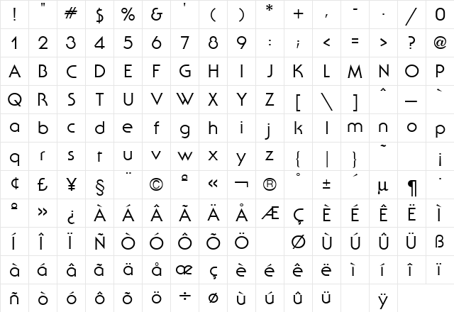 Serif Gothic Regular  glyph index