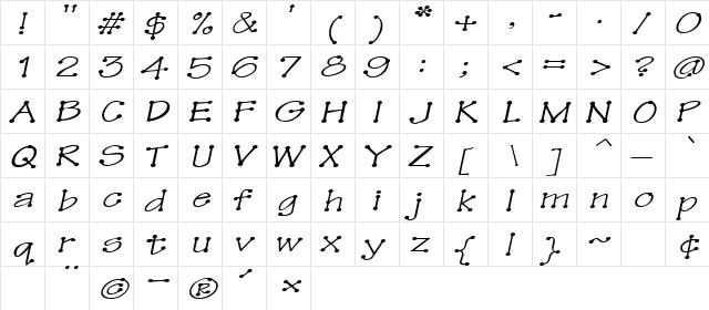 TinkerToyExtended Oblique  glyph index