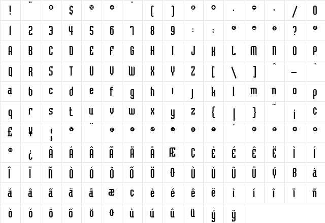 Bodiac Regular  glyph index