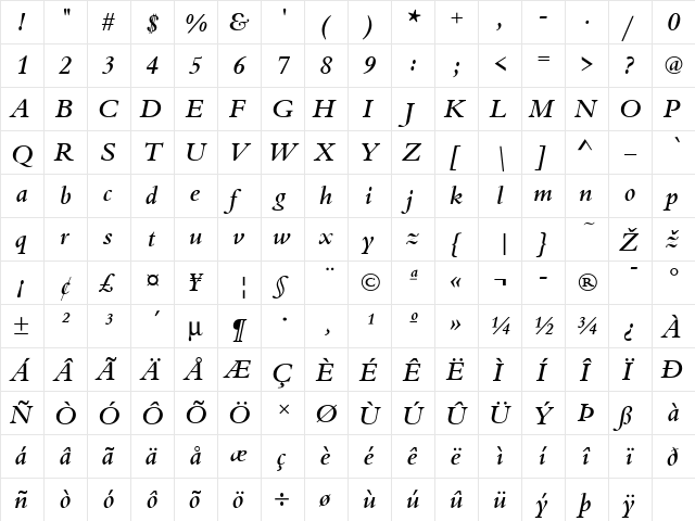 BemtuT Medium Italic  glyph index