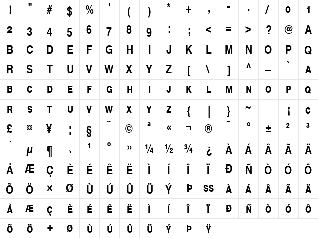 Helvetica Narrow SC Bold  glyph index