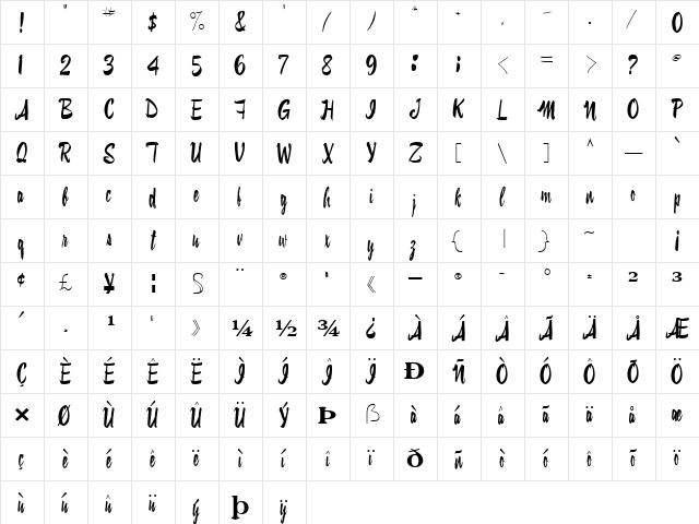 Swish Regular  glyph index