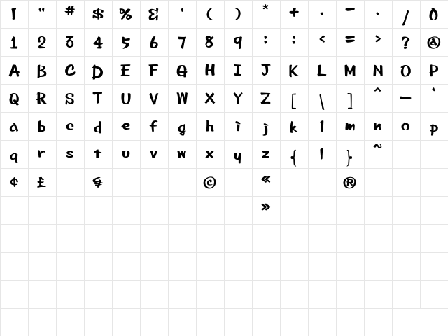 Bee Marker Ink Regular  glyph index