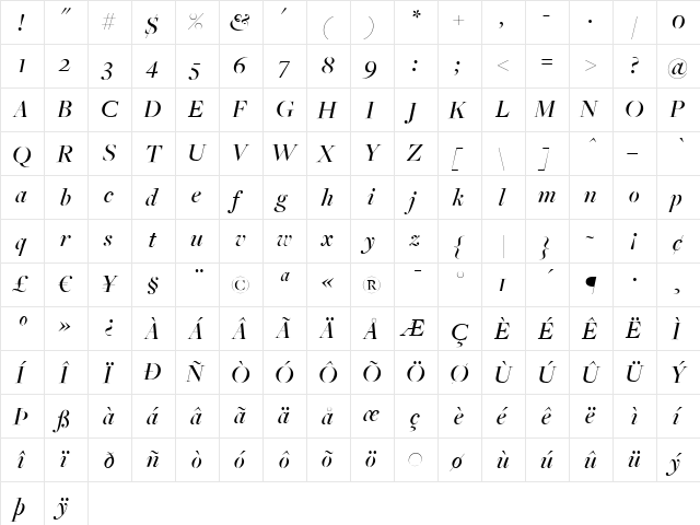 FreightBigMediumItalic Regular  glyph index