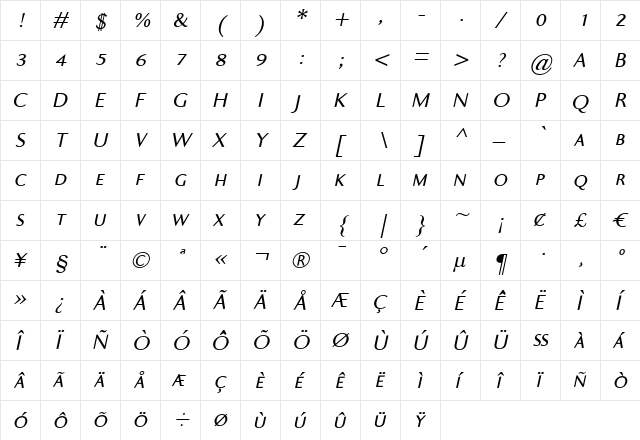 Ela Sans Plain Caps Italic  glyph index