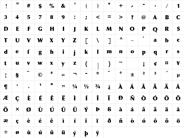 Hisham LT Regular  glyph index