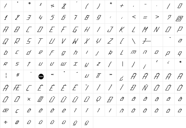 Action Protocol Italic  glyph index