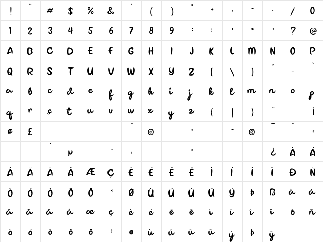 Dillova Regular  glyph index