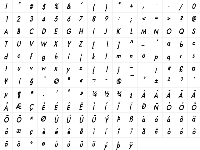 Fusi-Condensed Bold Italic  glyph index