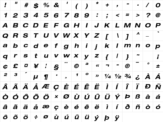 Helvetica Neue LT Pro 73 Bold Extended Oblique  glyph index