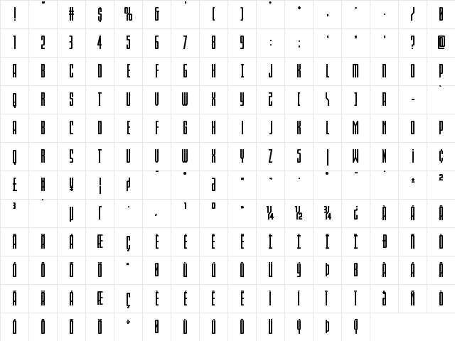 Blue Cobra Bold Expanded Regular  glyph index