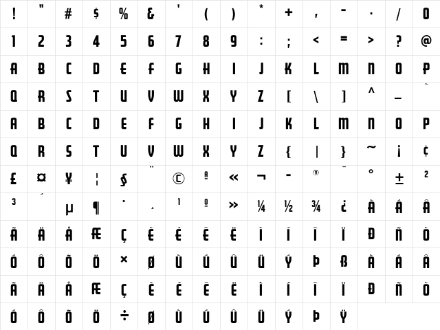 GoldenGate-Gothic Regular  glyph index