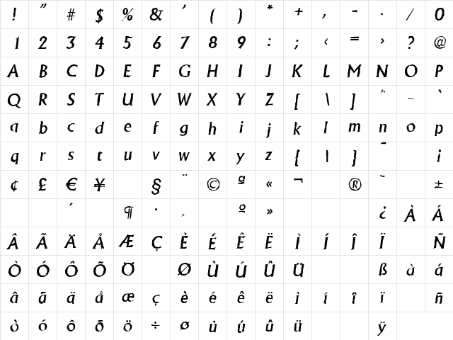 JacobBeckerAntique-Medium Italic  glyph index