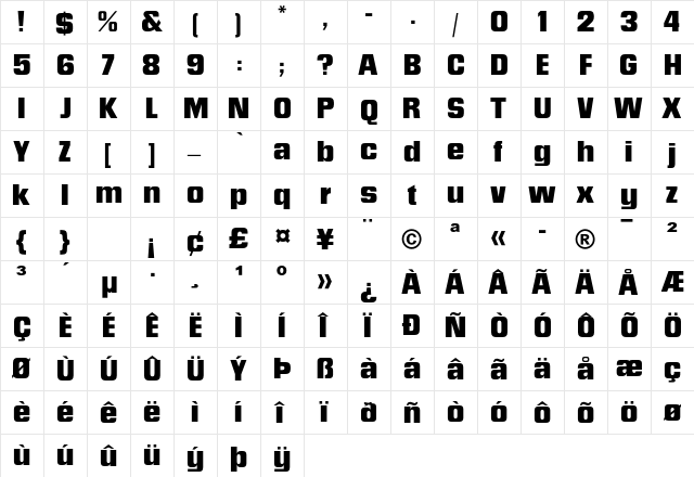 Neographik MT Std Regular  glyph index