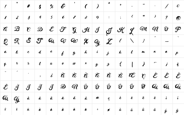 Husty Brush Regular  glyph index