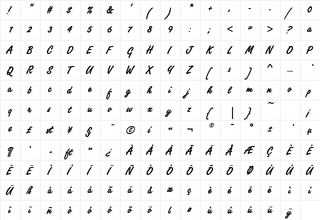 Freestyle Script EF Bold Alternate Regular  glyph index