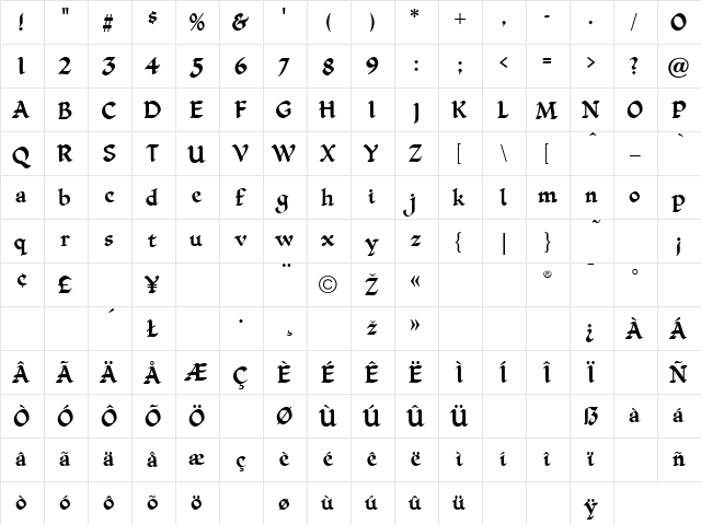 Zion Regular  glyph index