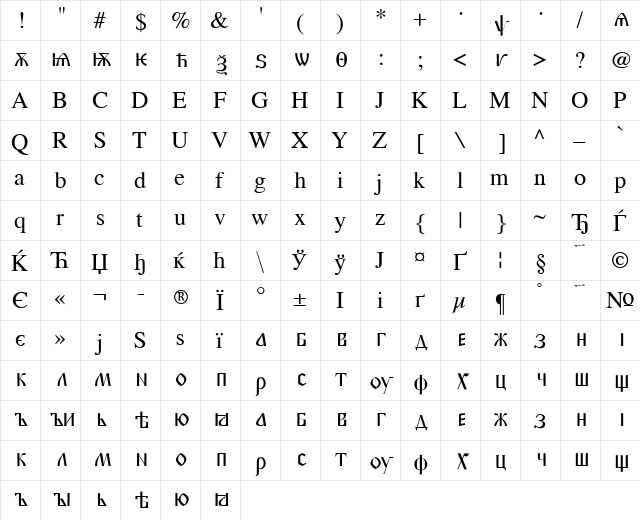 Old Church Slavonic Cyr Regular  glyph index