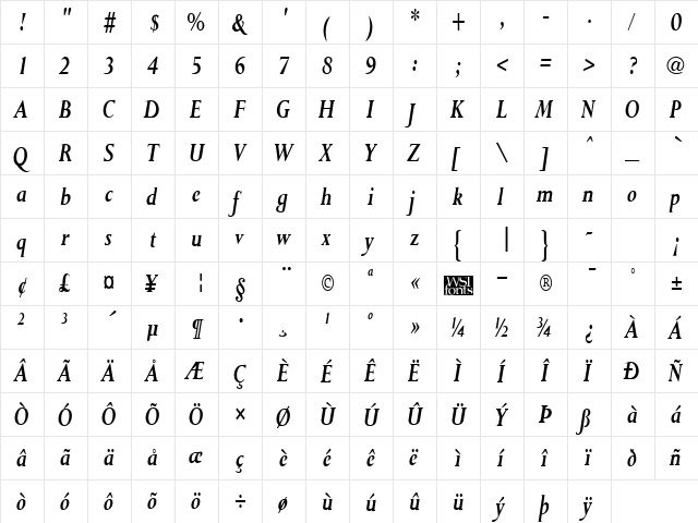 PurloinCondensed Bold Italic  glyph index