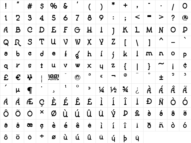 Speedball No1 Bold NF Bold  glyph index
