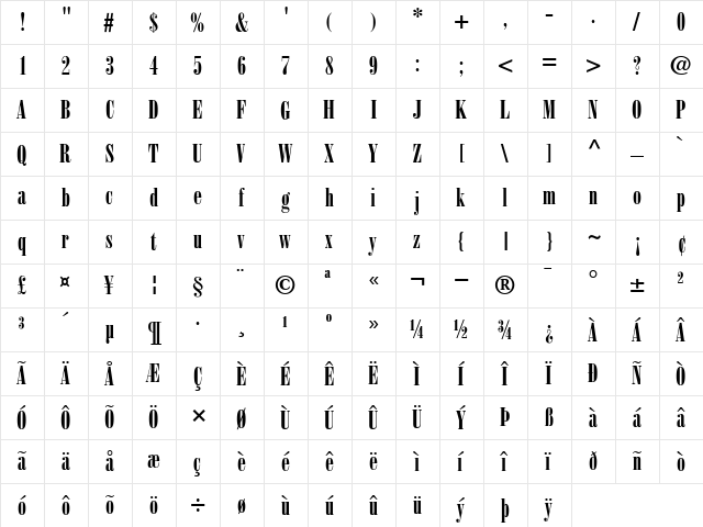 BodoniPoster-Compressed Roman  glyph index