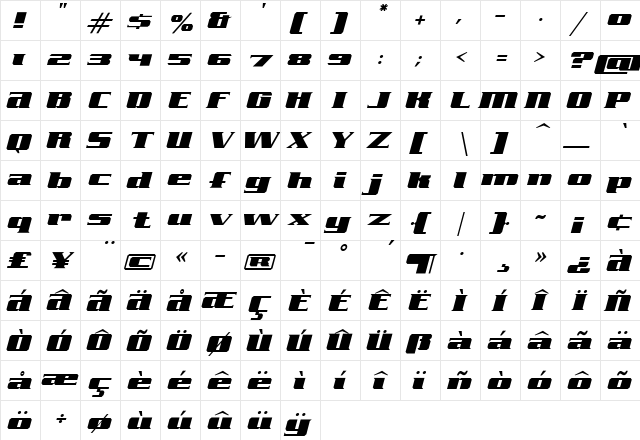 FreeLine Regular  glyph index