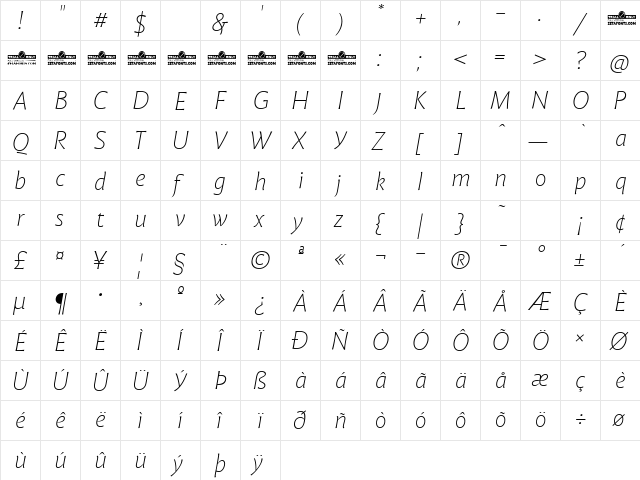 Malik Trial Extralight Italic  glyph index