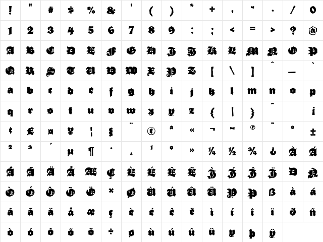 Barbarian Regular  glyph index