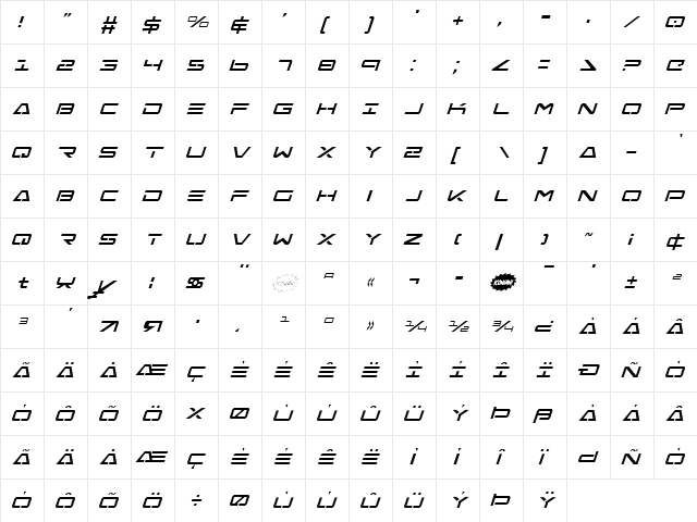 Free Agent Condensed Italic Condensed Italic  glyph index