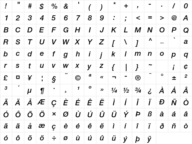 Helvetica Neue LT Std 66 Medium Italic  glyph index