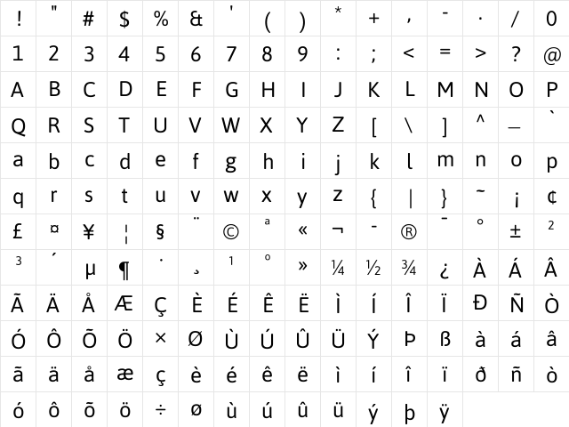 Asap Regular  glyph index