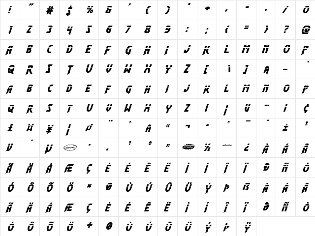 Flash Rogers Laser Italic Italic  glyph index