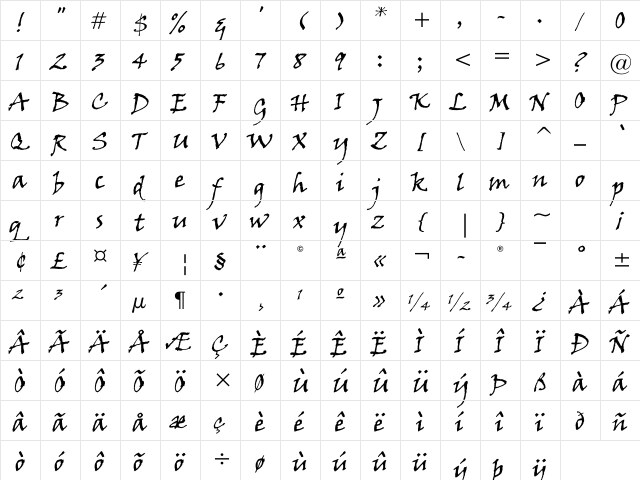 Viner Hand ITC Regular  glyph index