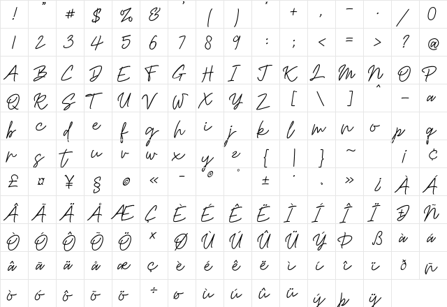 Mashiya Regular  glyph index