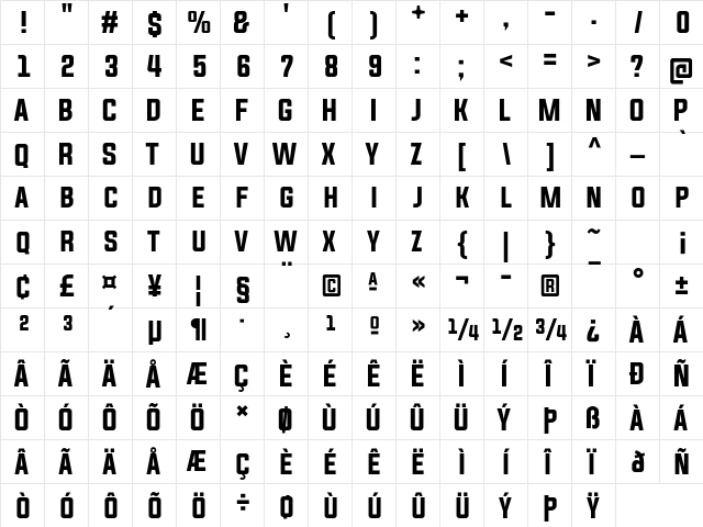 Evogria Regular  glyph index