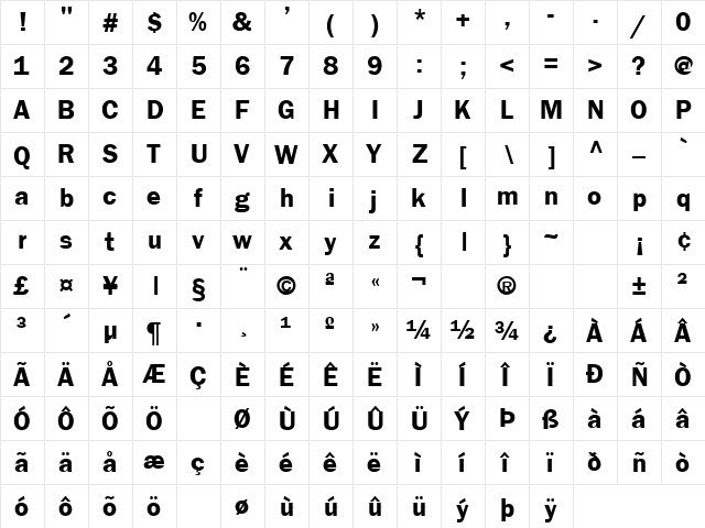 Moby Dick 10 Bold  glyph index