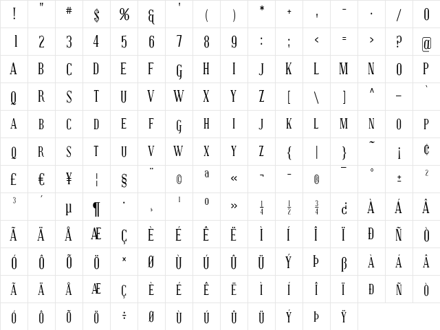 Covington SC Cond Regular  glyph index
