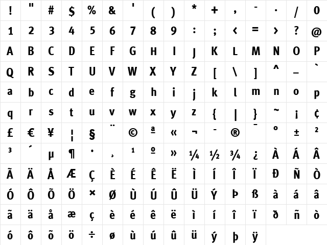 MetaCond ExtraBold  glyph index