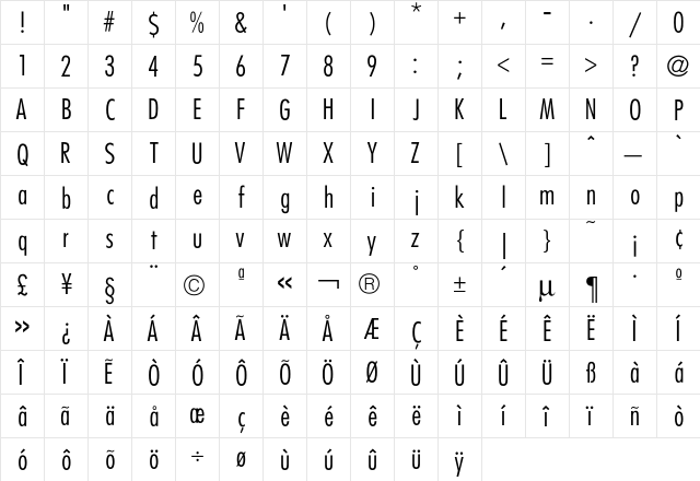 Futura CondMedium  glyph index